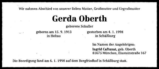 Schuller Gerda 1913-1998 Todesanzeige